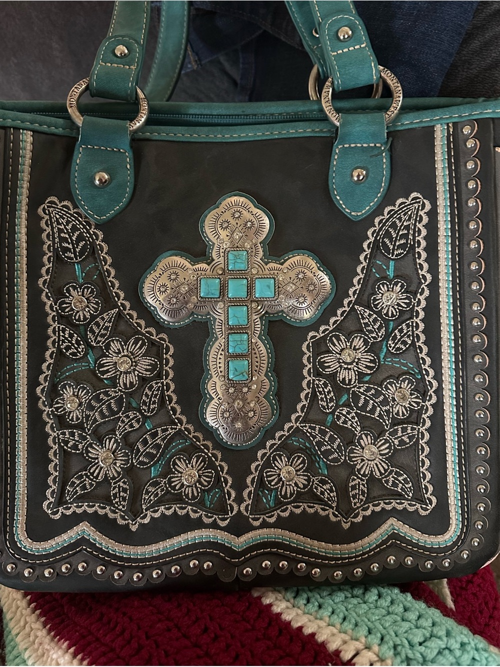 Montana West Black Tote with Turquoise Accents & Embroidered Cross